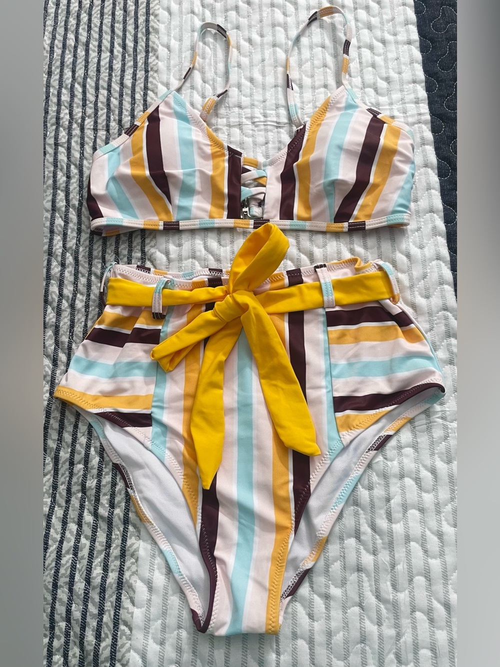 Amazon Yellow, Brown, Aqua & White Striped High-Waist Bikini Set - NWOT - S
